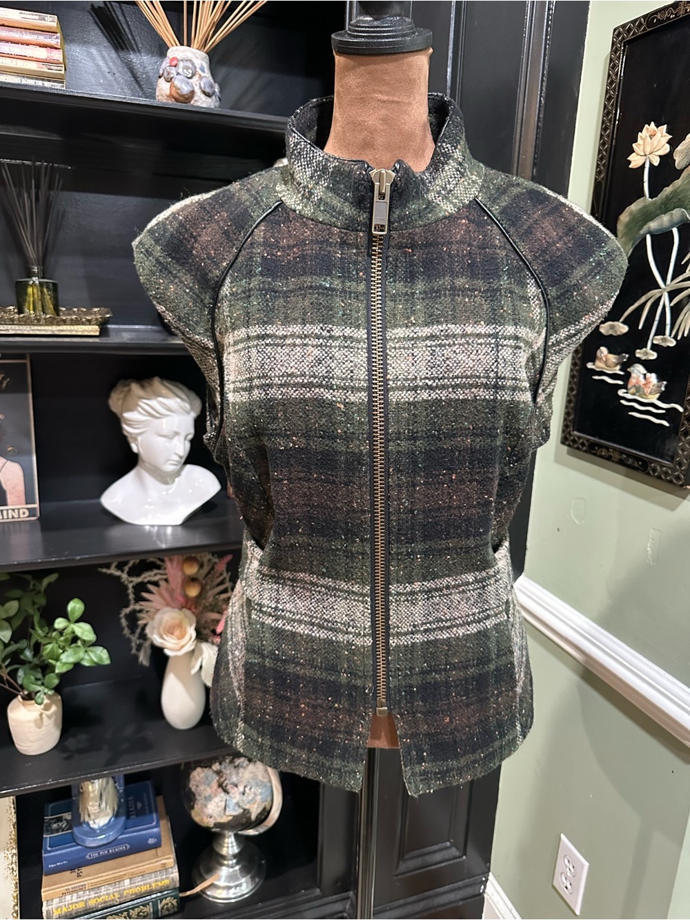 Cabi Wool Plaid Zip‑Up Vest – Size Large